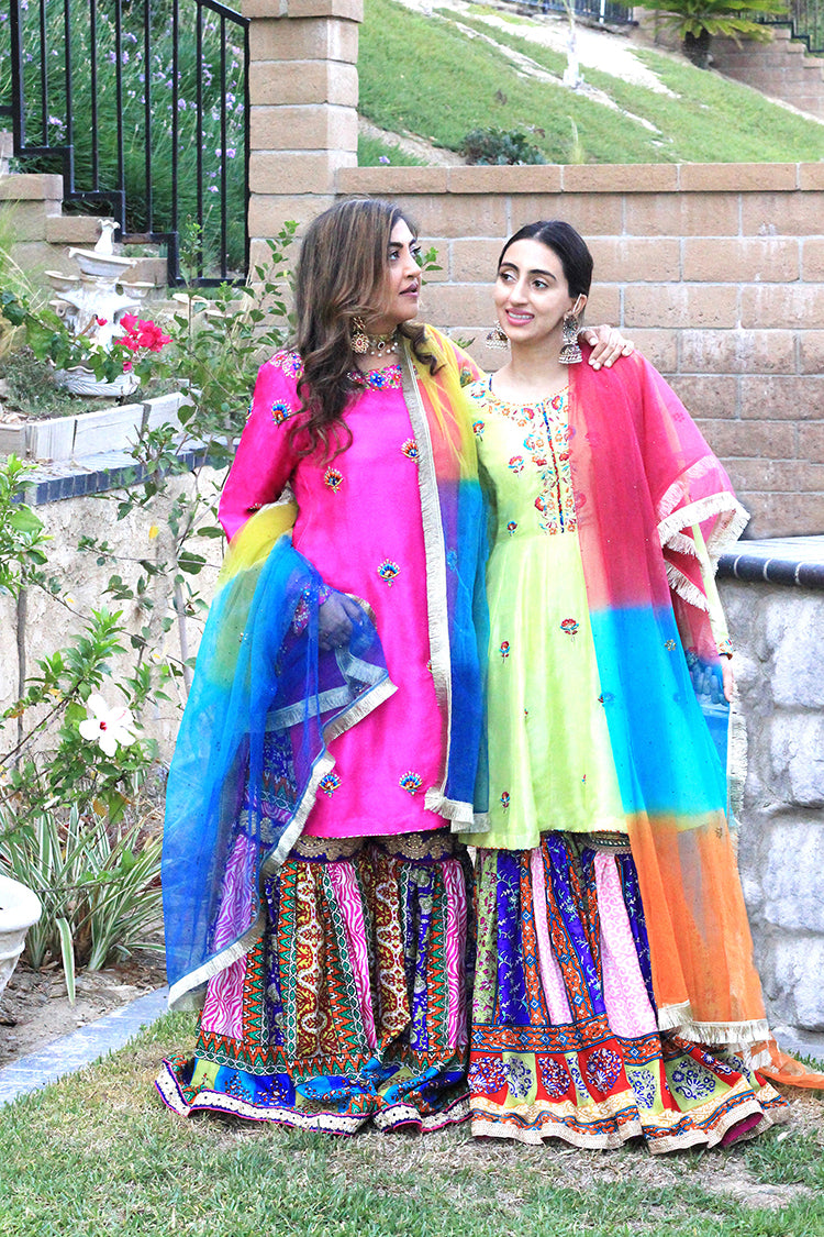 RUBAB & MARIAM SHIRT, GHARARA IN SILK AND DUPATTA IN NET