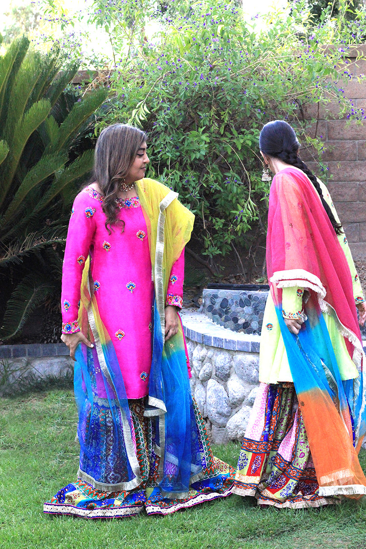 RUBAB & MARIAM SHIRT, GHARARA IN SILK AND DUPATTA IN NET