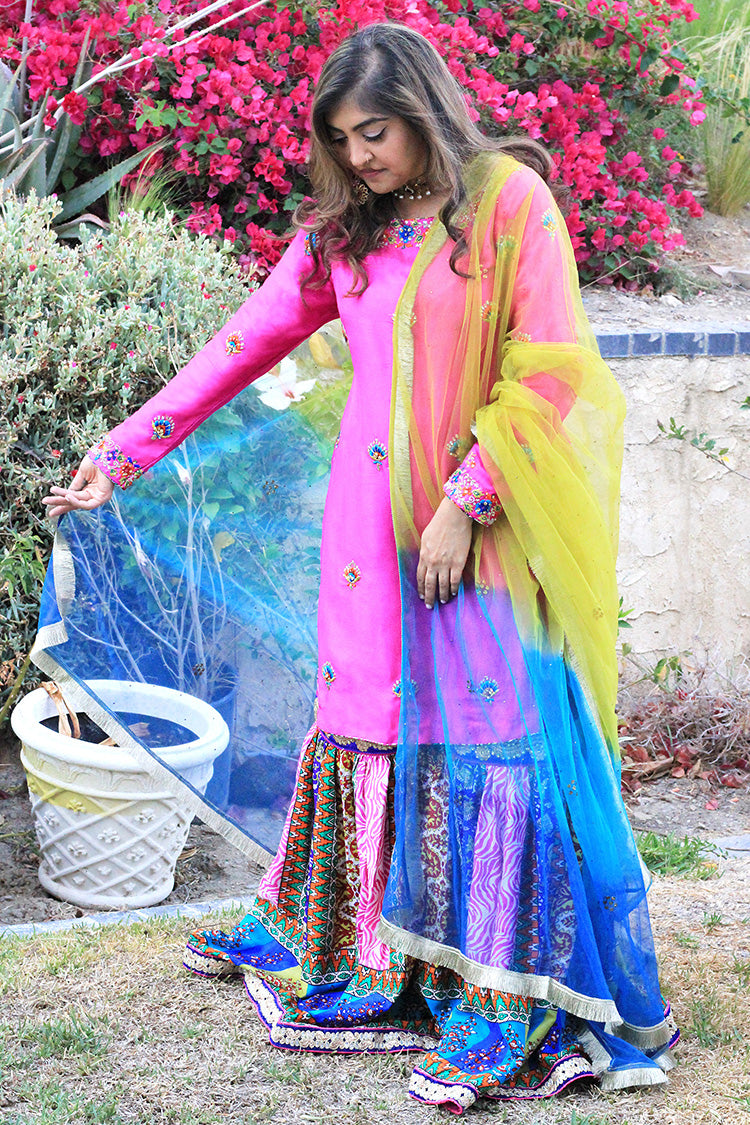 RUBAB & MARIAM SHIRT, GHARARA IN SILK AND DUPATTA IN NET