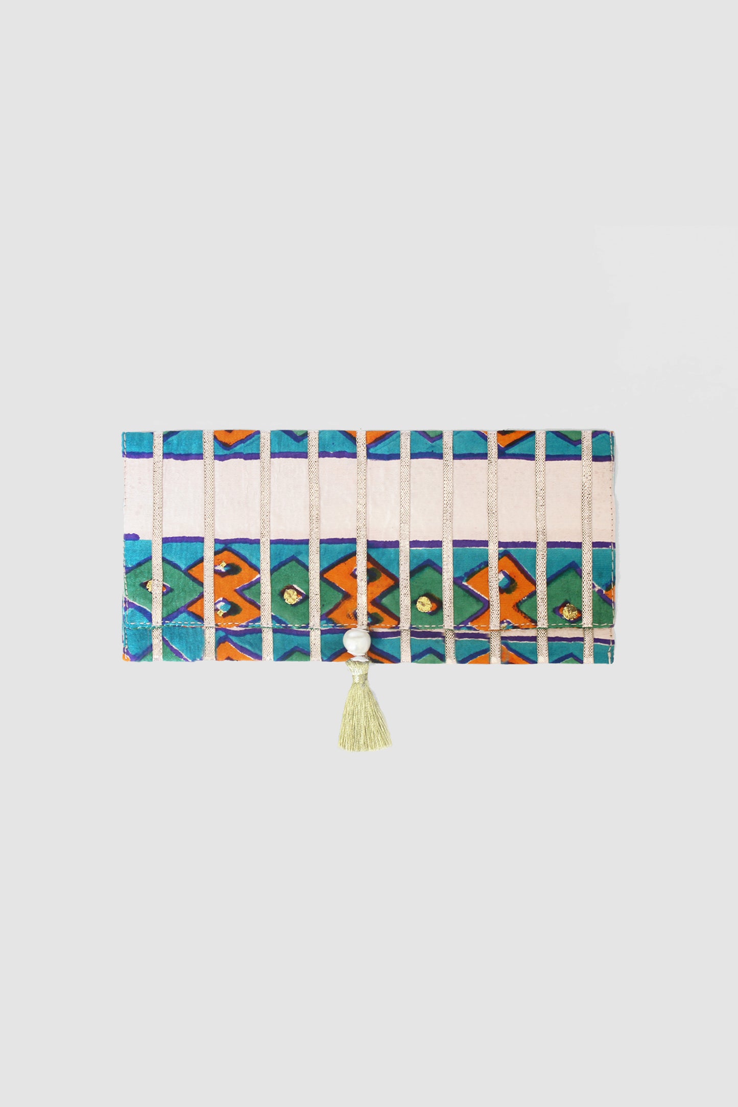 JAMSHEDA DIAMOND BORDER COIN PURSE IN RAW SILK