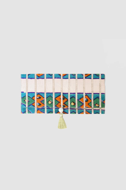JAMSHEDA DIAMOND BORDER COIN PURSE IN RAW SILK
