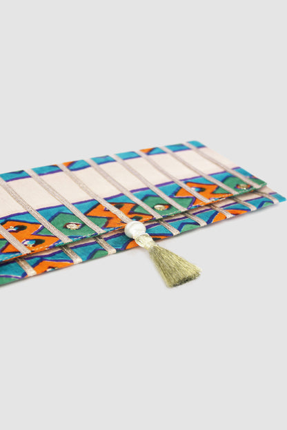JAMSHEDA DIAMOND BORDER COIN PURSE IN RAW SILK